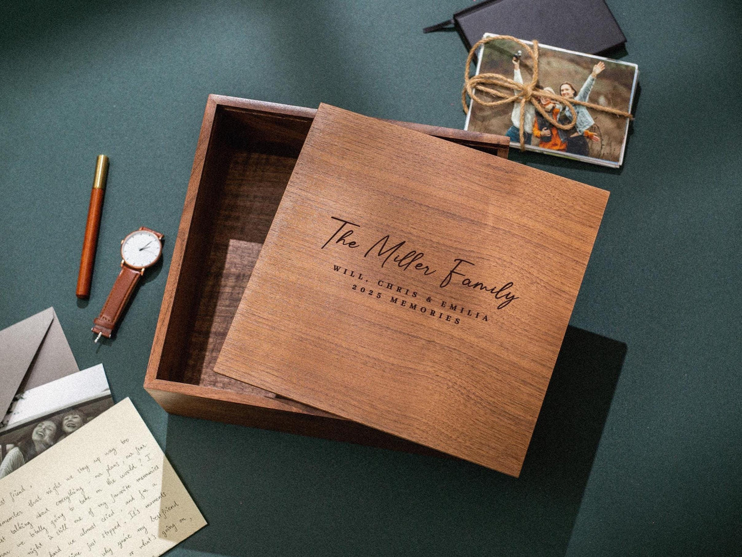 10x10 Walnut Memory Box (D2) - Personalized Family Memories Keepsake Heirloom Baby Box Gift for Grandparents Parents Mom Photo Album Storage