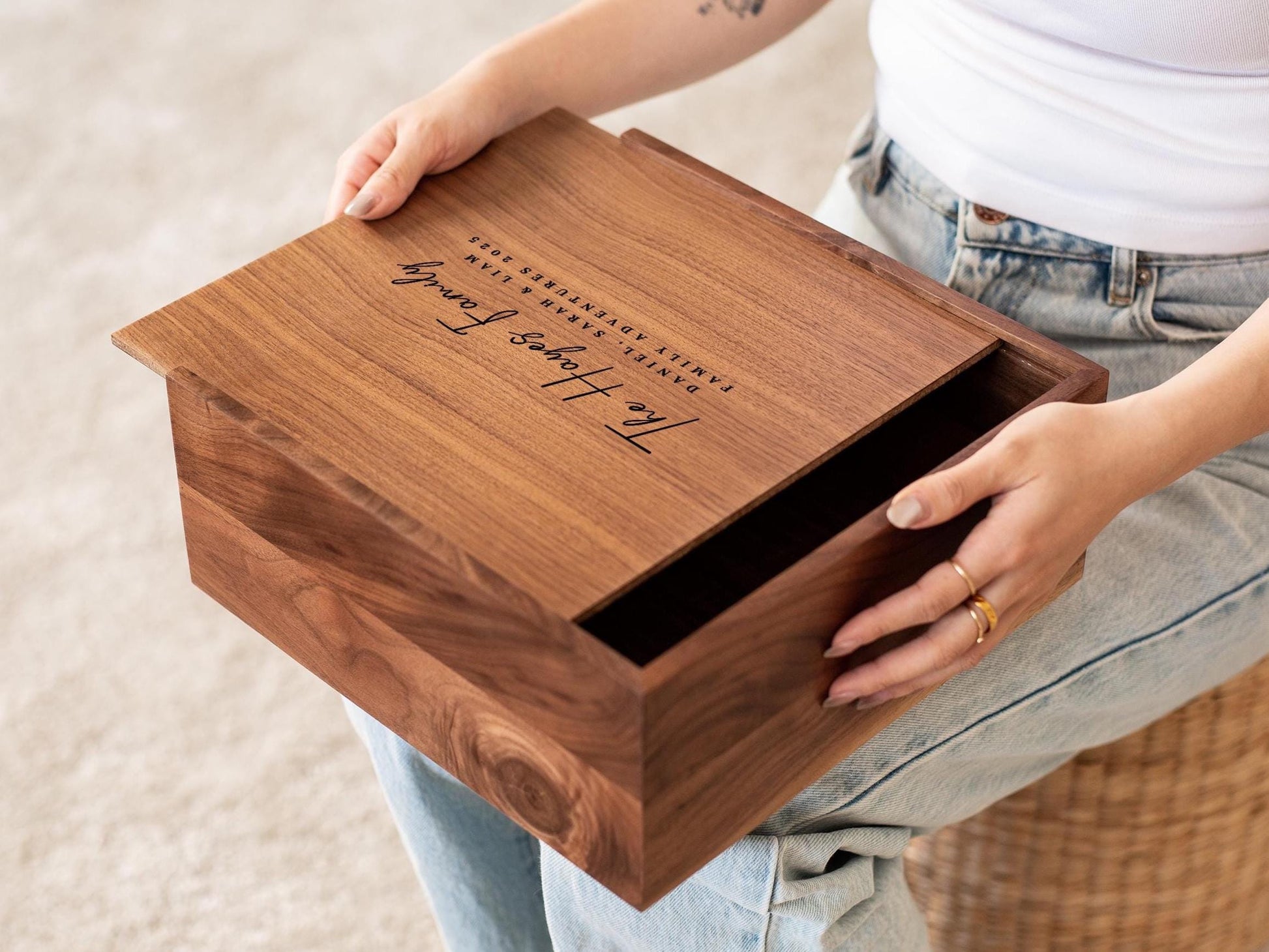 10x10 Walnut Memory Box (D2) - Personalized Family Memories Keepsake Heirloom Baby Box Gift for Grandparents Parents Mom Photo Album Storage