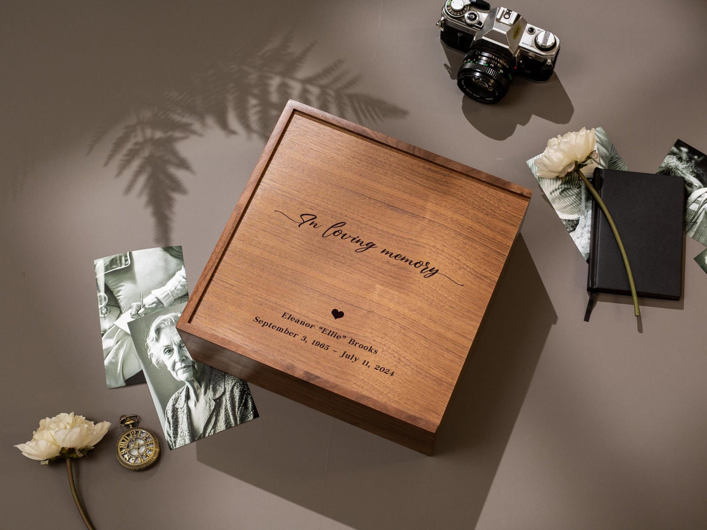 10x10 Walnut Memory Box (D4) - Custom Engraved In Loving Memory Memorial, Keepsakes of a Loved One, Bereavement Funeral Celebration of Life