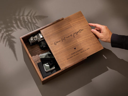 10x10 Walnut Memory Box (D4) - Custom Engraved In Loving Memory Memorial, Keepsakes of a Loved One, Bereavement Funeral Celebration of Life