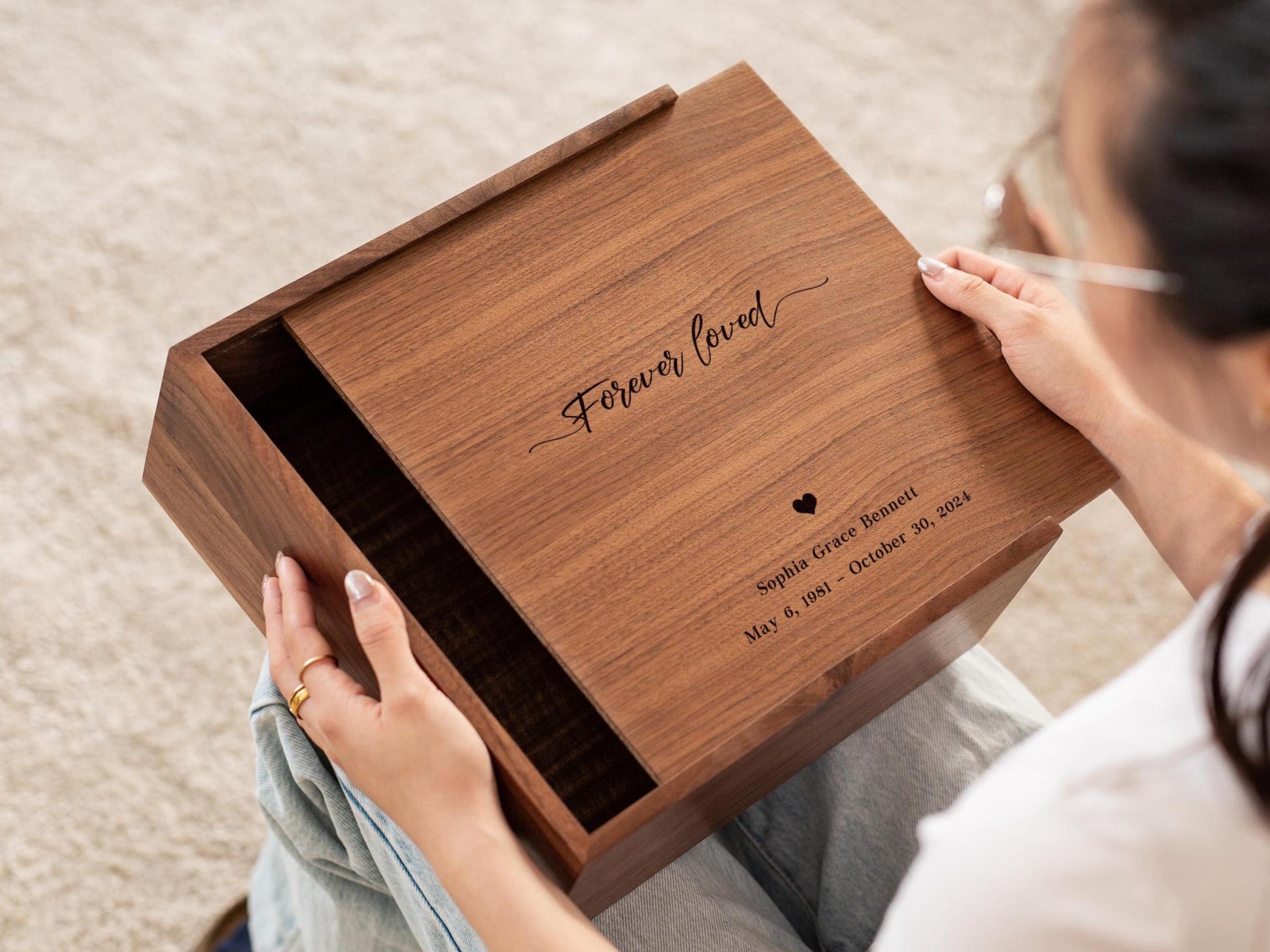 10x10 Walnut Memory Box (D4) - Custom Engraved In Loving Memory Memorial, Keepsakes of a Loved One, Bereavement Funeral Celebration of Life