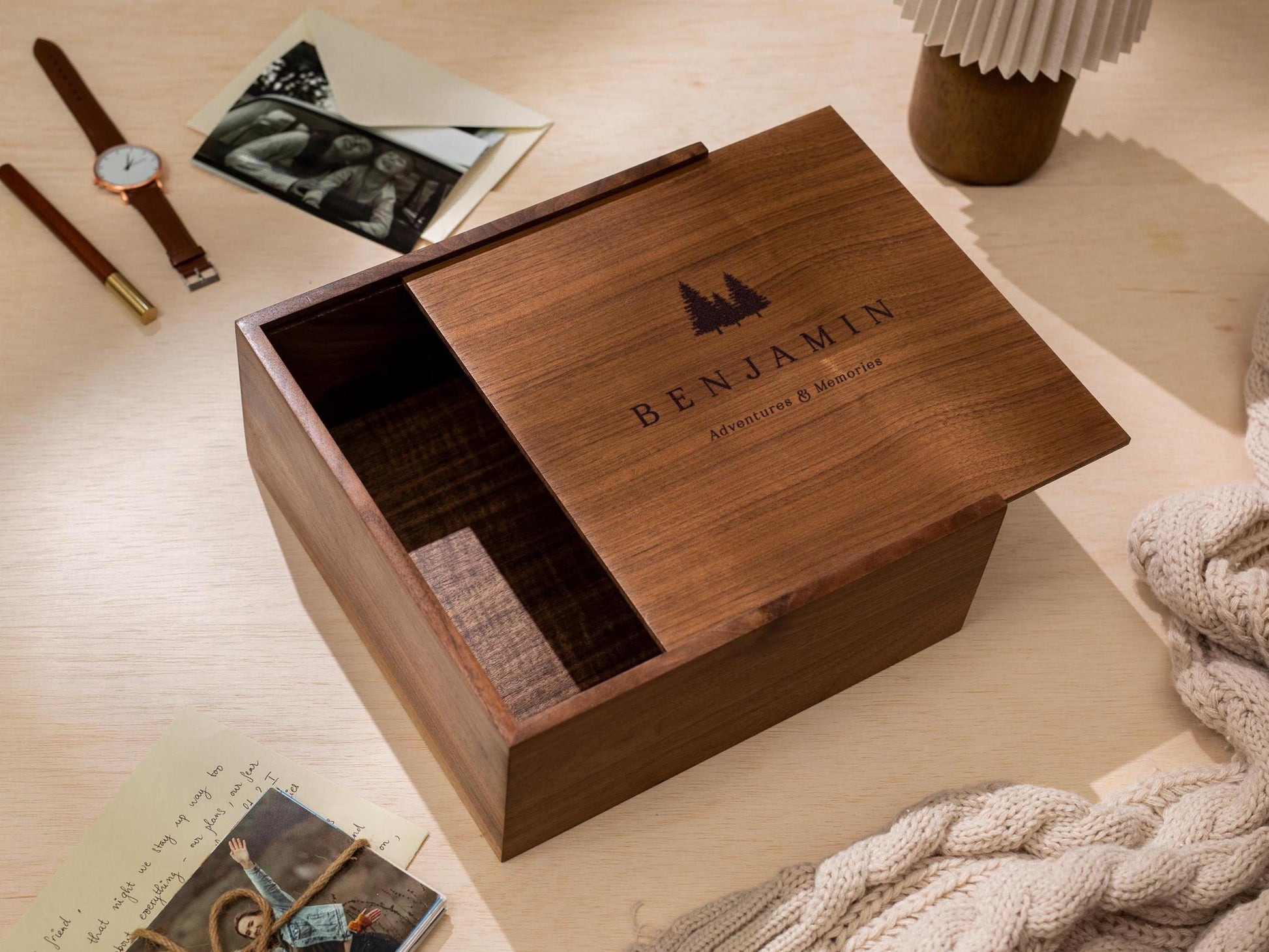 10x10 Walnut Memory Box (D5) - Personalized Travel Memories Engraved Mountain Keepsake Rustic Gift for Travel Lover or Study Abroad Student