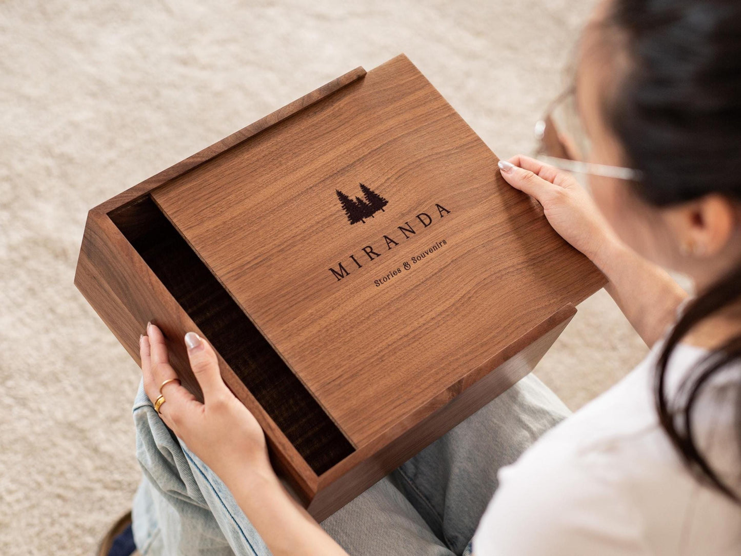 10x10 Walnut Memory Box (D5) - Personalized Travel Memories Engraved Mountain Keepsake Rustic Gift for Travel Lover or Study Abroad Student