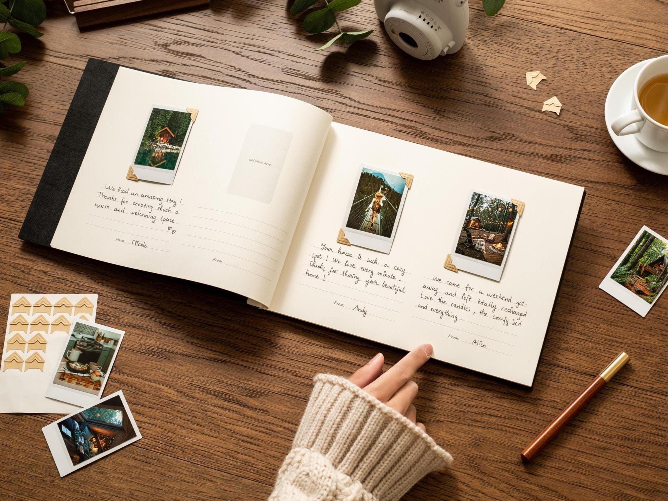Wooden Luxe Photo Guest Book (D5) - 11.5x8.5 DIY Custom Airbnb Home Vacation Rental Instax Polaroid Instant Prints Signing Memory Scrapbook