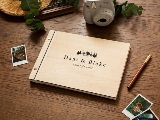 Wooden Luxe Photo Book (D10) - 11.5x8.5 Custom Guestbook Scrapbook Memory Keepsake Storage Cards Pictures Vacation Couples Travel Album Gift