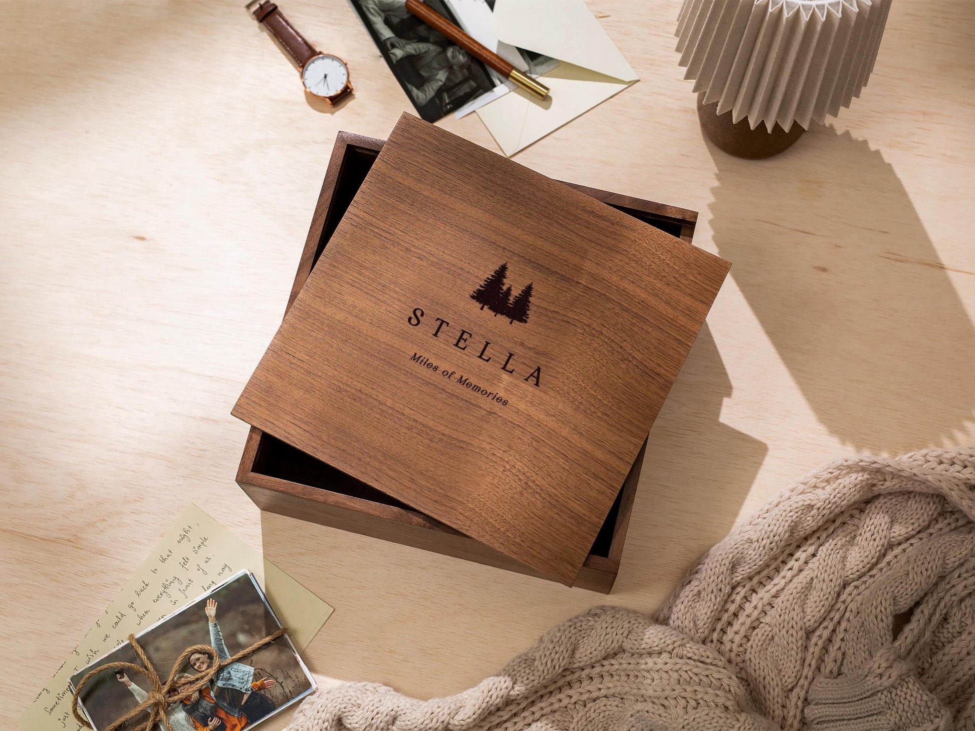 10x10 Walnut Memory Box (D5) - Personalized Travel Memories Engraved Mountain Keepsake Rustic Gift for Travel Lover or Study Abroad Student