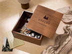 10x10 Walnut Memory Box (D5) - Personalized Travel Memories Engraved Mountain Keepsake Rustic Gift for Travel Lover or Study Abroad Student