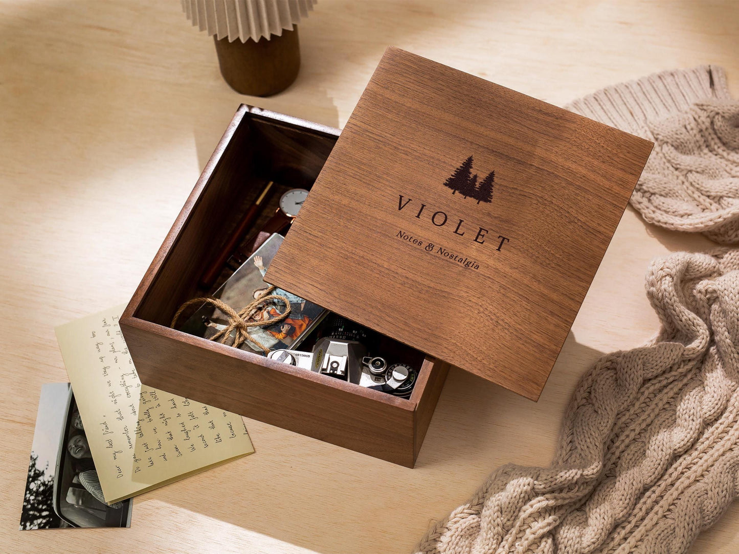 10x10 Walnut Memory Box (D5) - Personalized Travel Memories Engraved Mountain Keepsake Rustic Gift for Travel Lover or Study Abroad Student