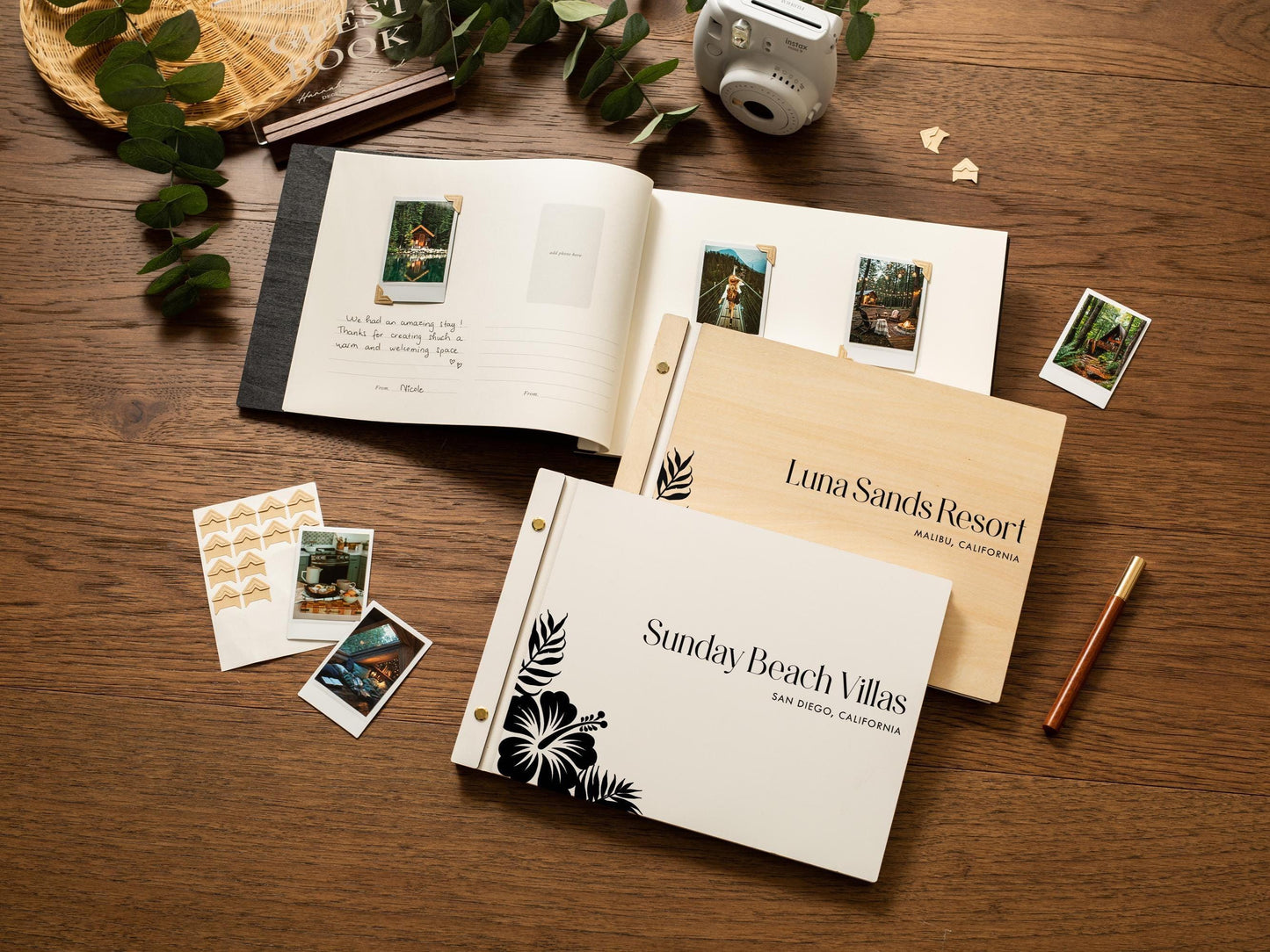 Wooden Luxe Photo Guest Book (D6) - 11.5x8.5 DIY Custom Airbnb Tropical Home Vacation Rental Instax Polaroid Picture Travel Memory Scrapbook