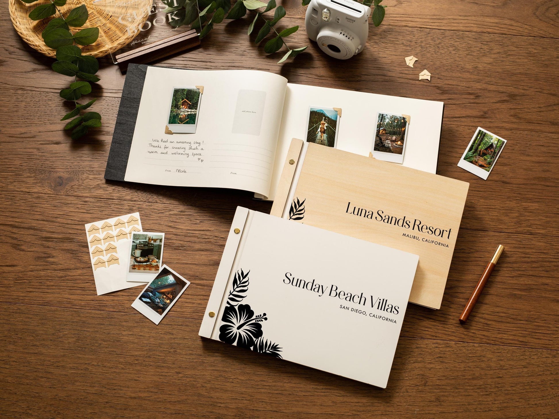 Wooden Luxe Photo Guest Book (D6) - 11.5x8.5 DIY Custom Airbnb Tropical Home Vacation Rental Instax Polaroid Picture Travel Memory Scrapbook