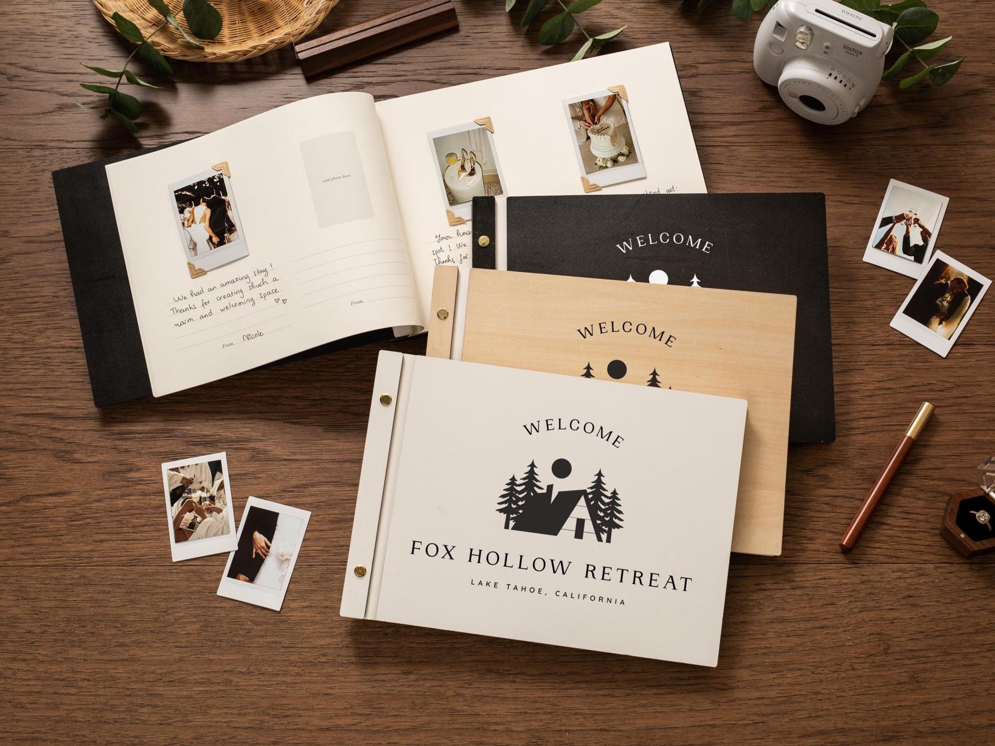 Wooden Luxe Photo Guest Book (D7) - 11.5x8.5 DIY Custom Home Vacation Rental Instax Polaroid Cabin Adventure Travel Memory Scrapbook Album