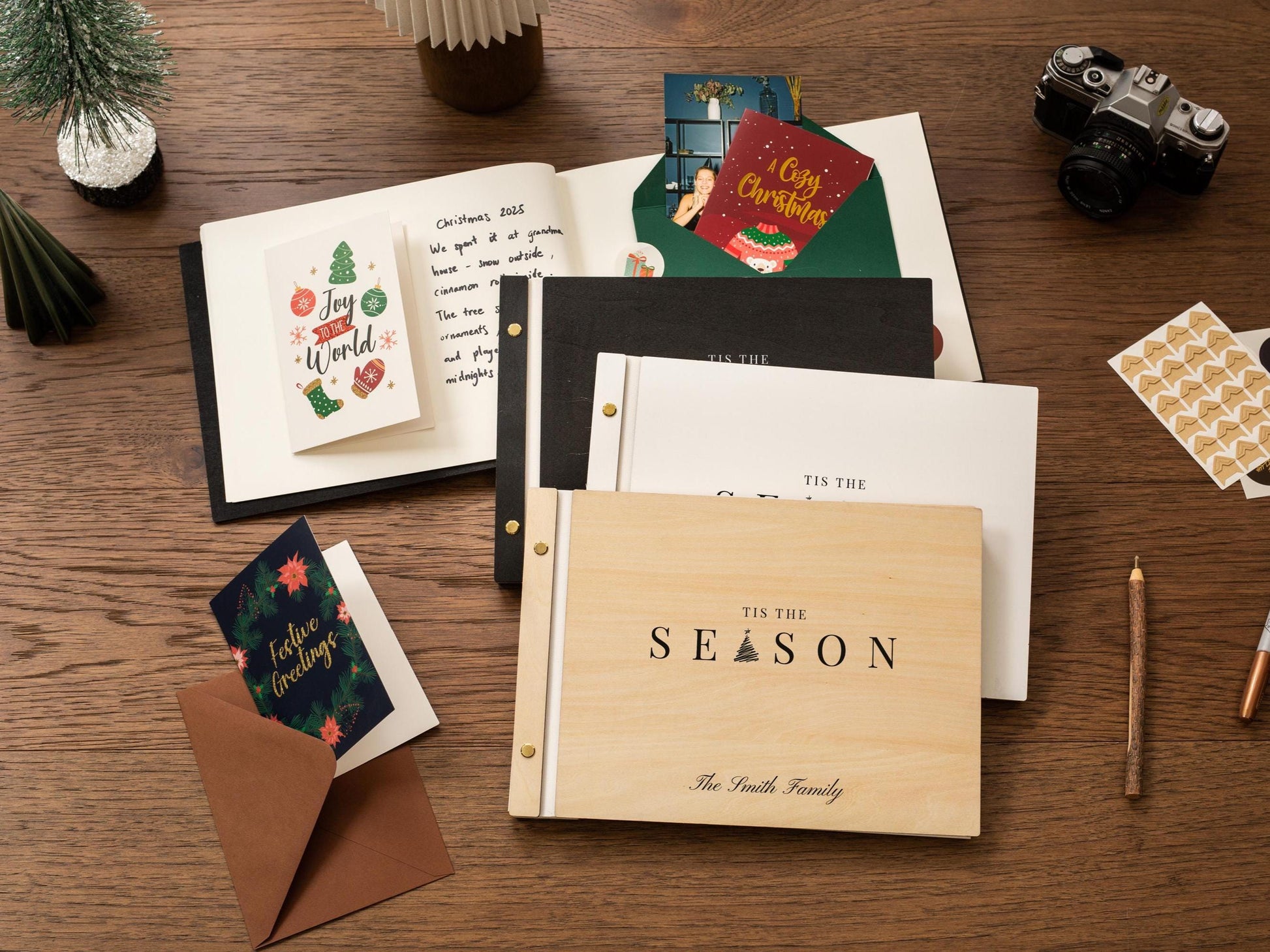 Wooden Luxe Christmas Photo Book (D8) - 11.5x8.5 DIY Custom DIY Scrapbook Guest Holiday Memories Instax Polaroid Prints Cards Vacation Album