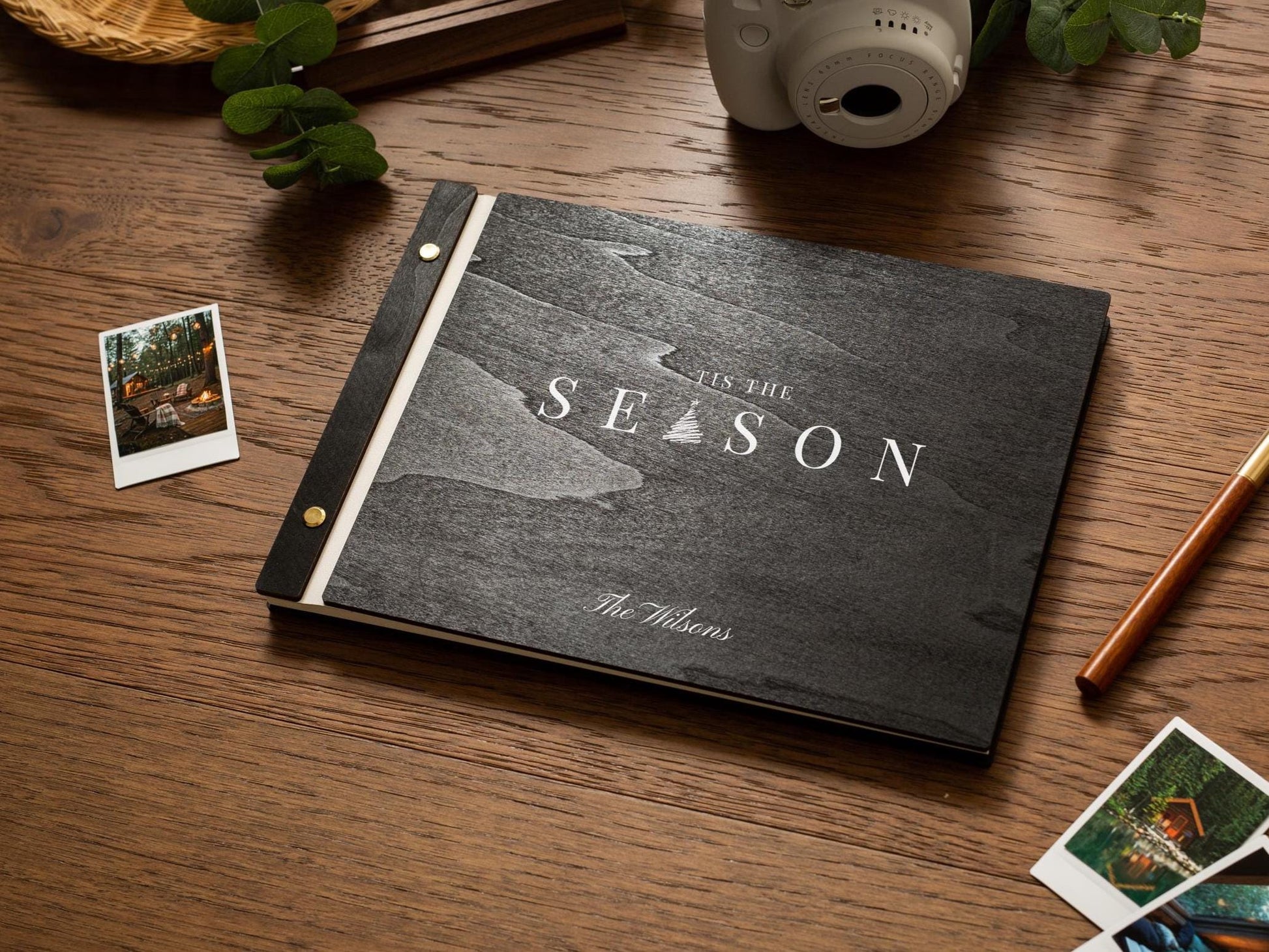 Wooden Luxe Christmas Photo Book (D8) - 11.5x8.5 DIY Custom DIY Scrapbook Guest Holiday Memories Instax Polaroid Prints Cards Vacation Album