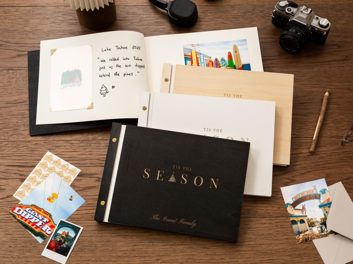 Wooden Luxe Christmas Photo Book (D8) - 11.5x8.5 DIY Custom DIY Scrapbook Guest Holiday Memories Instax Polaroid Prints Cards Vacation Album