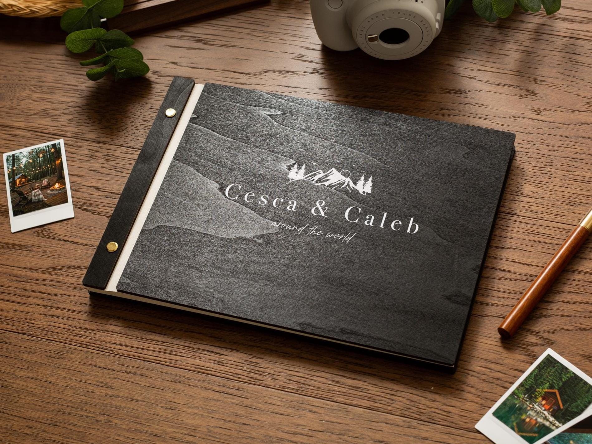 Wooden Luxe Photo Book (D10) - 11.5x8.5 Custom Guestbook Scrapbook Memory Keepsake Storage Cards Pictures Vacation Couples Travel Album Gift