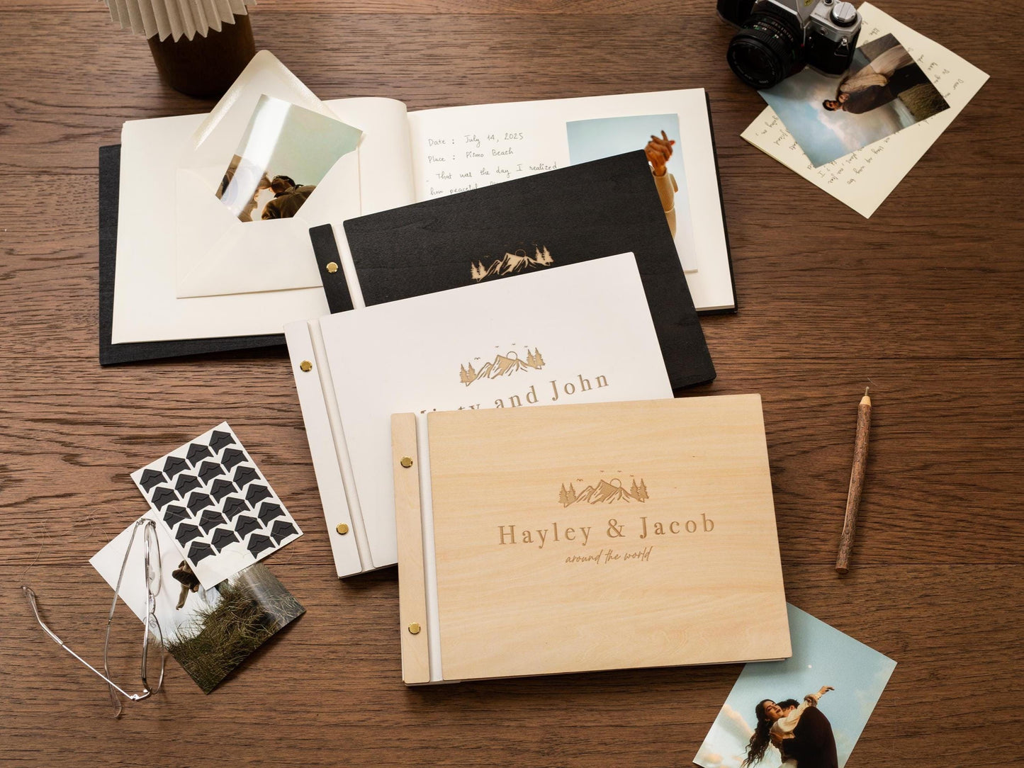Wooden Luxe Photo Book (D10) - 11.5x8.5 Custom Guestbook Scrapbook Memory Keepsake Storage Cards Pictures Vacation Couples Travel Album Gift