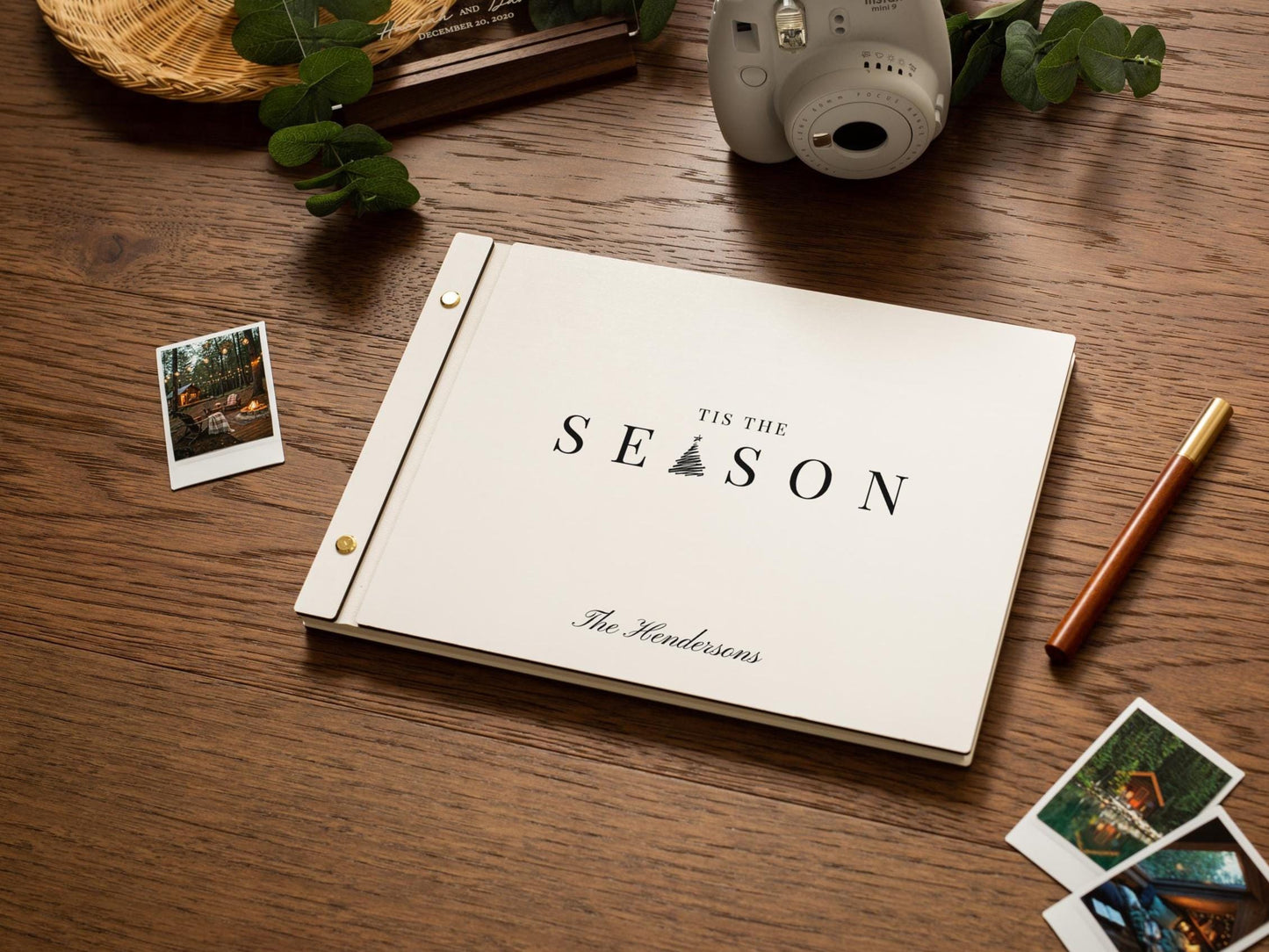Wooden Luxe Christmas Photo Book (D8) - 11.5x8.5 DIY Custom DIY Scrapbook Guest Holiday Memories Instax Polaroid Prints Cards Vacation Album