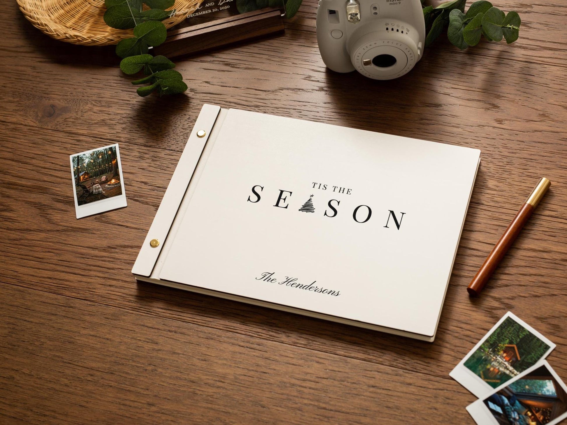 Wooden Luxe Christmas Photo Book (D8) - 11.5x8.5 DIY Custom DIY Scrapbook Guest Holiday Memories Instax Polaroid Prints Cards Vacation Album
