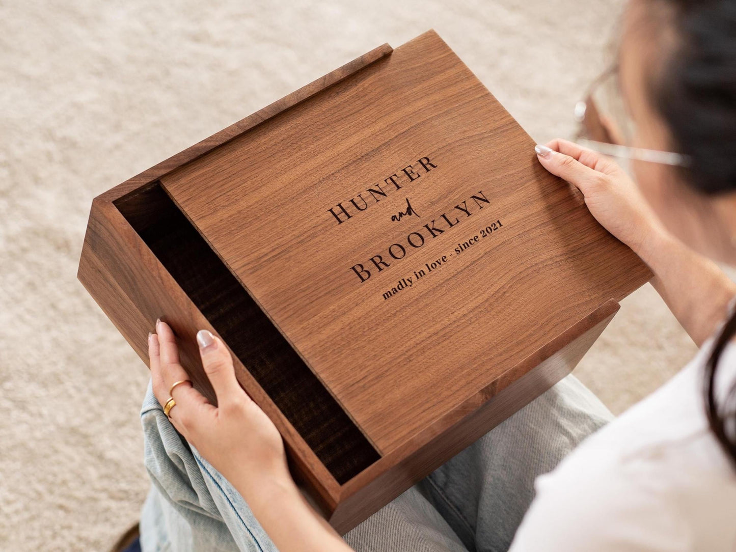 10x10 Walnut Memory Box (D1) - Custom Engraved Wedding Memories Trunk Photos Cards Storage Couples Gift Engagement Anniversary 2025 Keepsake
