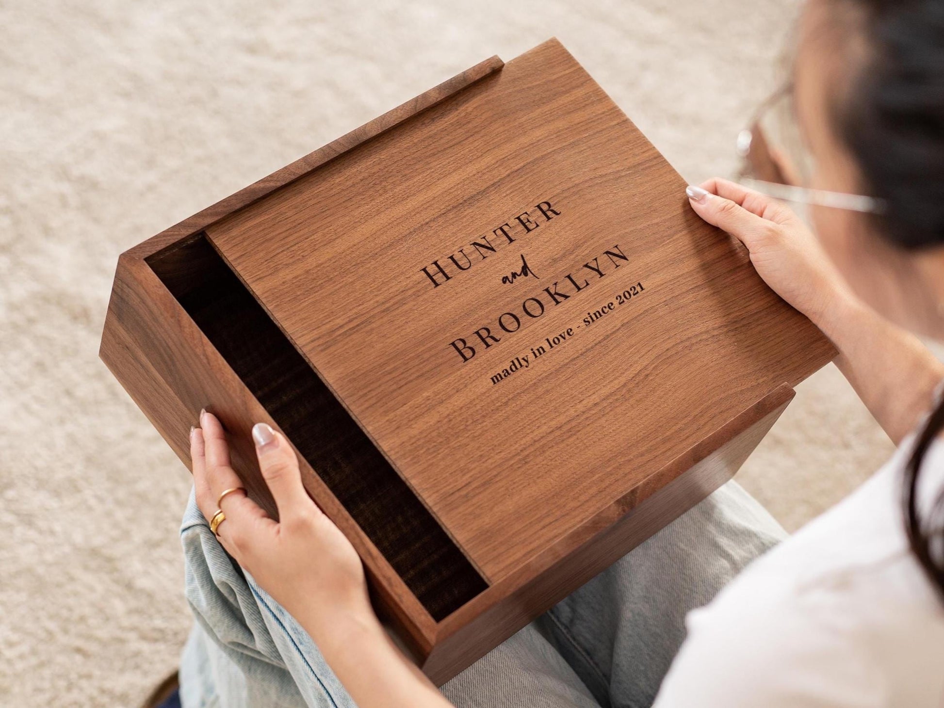 10x10 Walnut Memory Box (D1) - Custom Engraved Wedding Memories Trunk Photos Cards Storage Couples Gift Engagement Anniversary 2025 Keepsake
