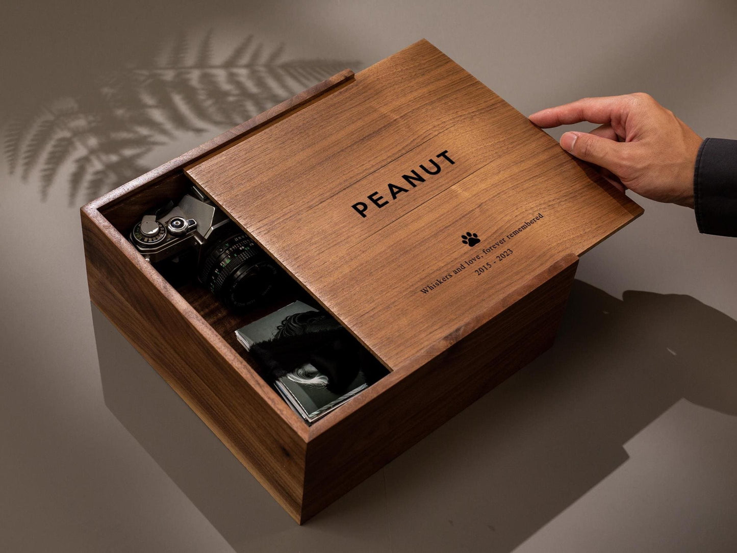 10x10 Walnut Memory Box (D3) - Personalized Pet Name Memorial Keepsake Toy Collar Storage Cat Dog Engrave Paw Print Sympathy Loss Owner Gift