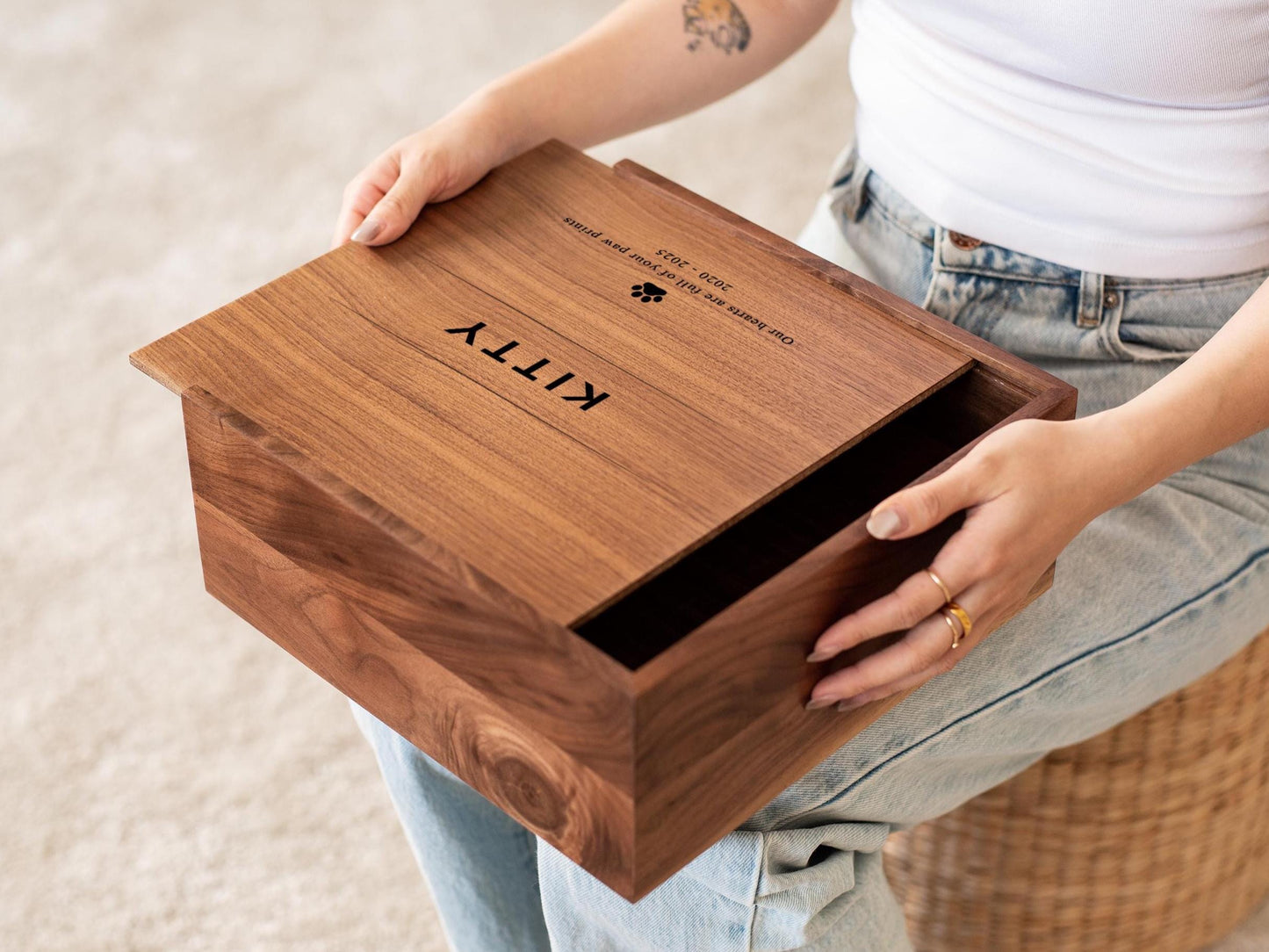 10x10 Walnut Memory Box (D3) - Personalized Pet Name Memorial Keepsake Toy Collar Storage Cat Dog Engrave Paw Print Sympathy Loss Owner Gift