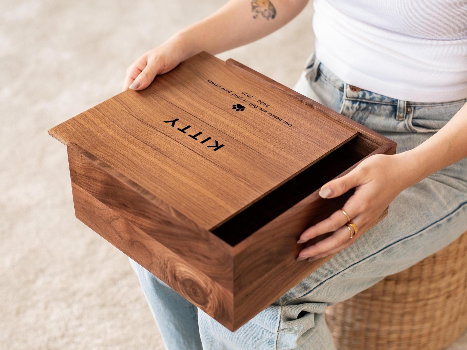 10x10 Walnut Memory Box (D3) - Personalized Pet Name Memorial Keepsake Toy Collar Storage Cat Dog Engrave Paw Print Sympathy Loss Owner Gift