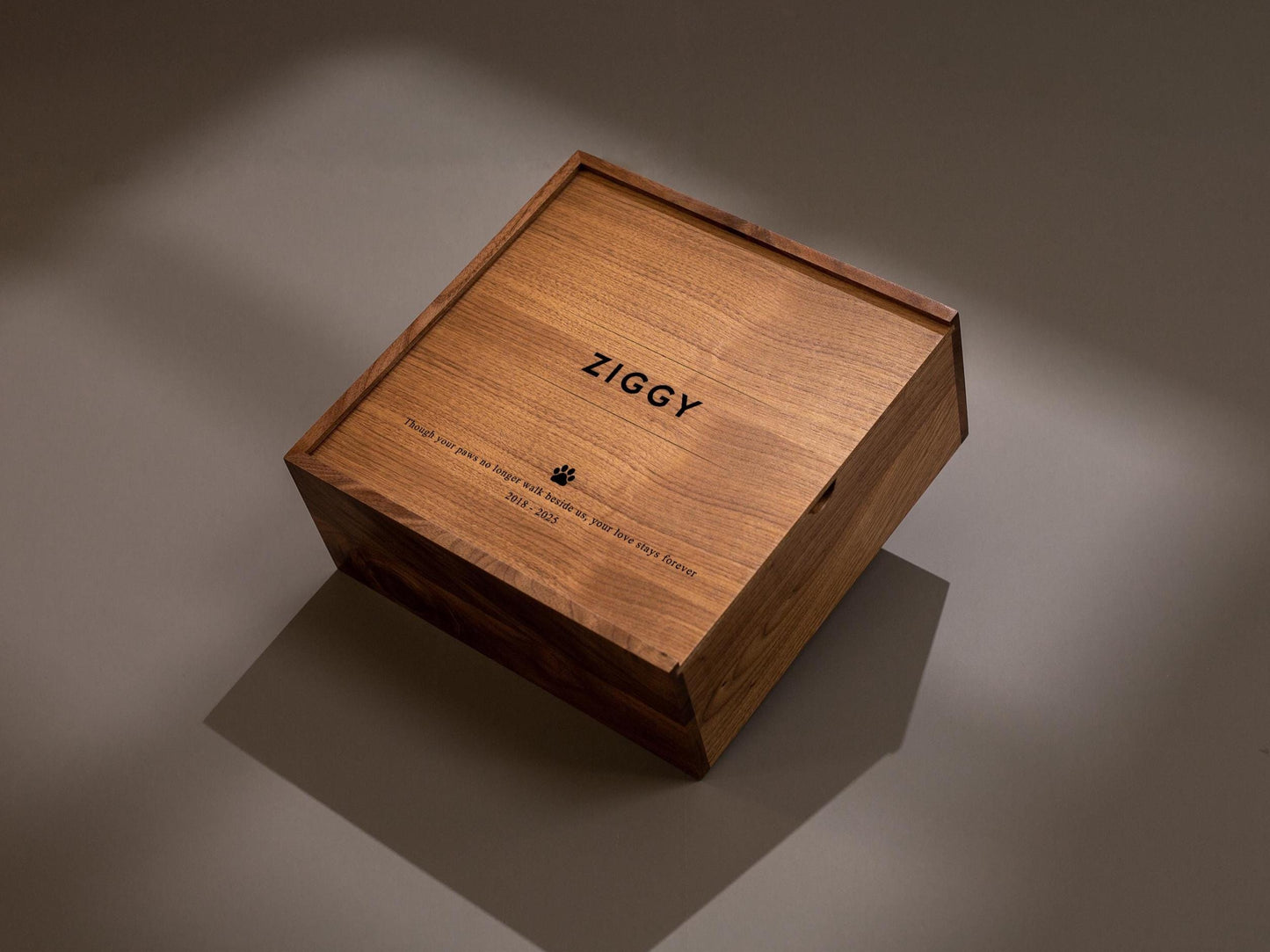 10x10 Walnut Memory Box (D3) - Personalized Pet Name Memorial Keepsake Toy Collar Storage Cat Dog Engrave Paw Print Sympathy Loss Owner Gift