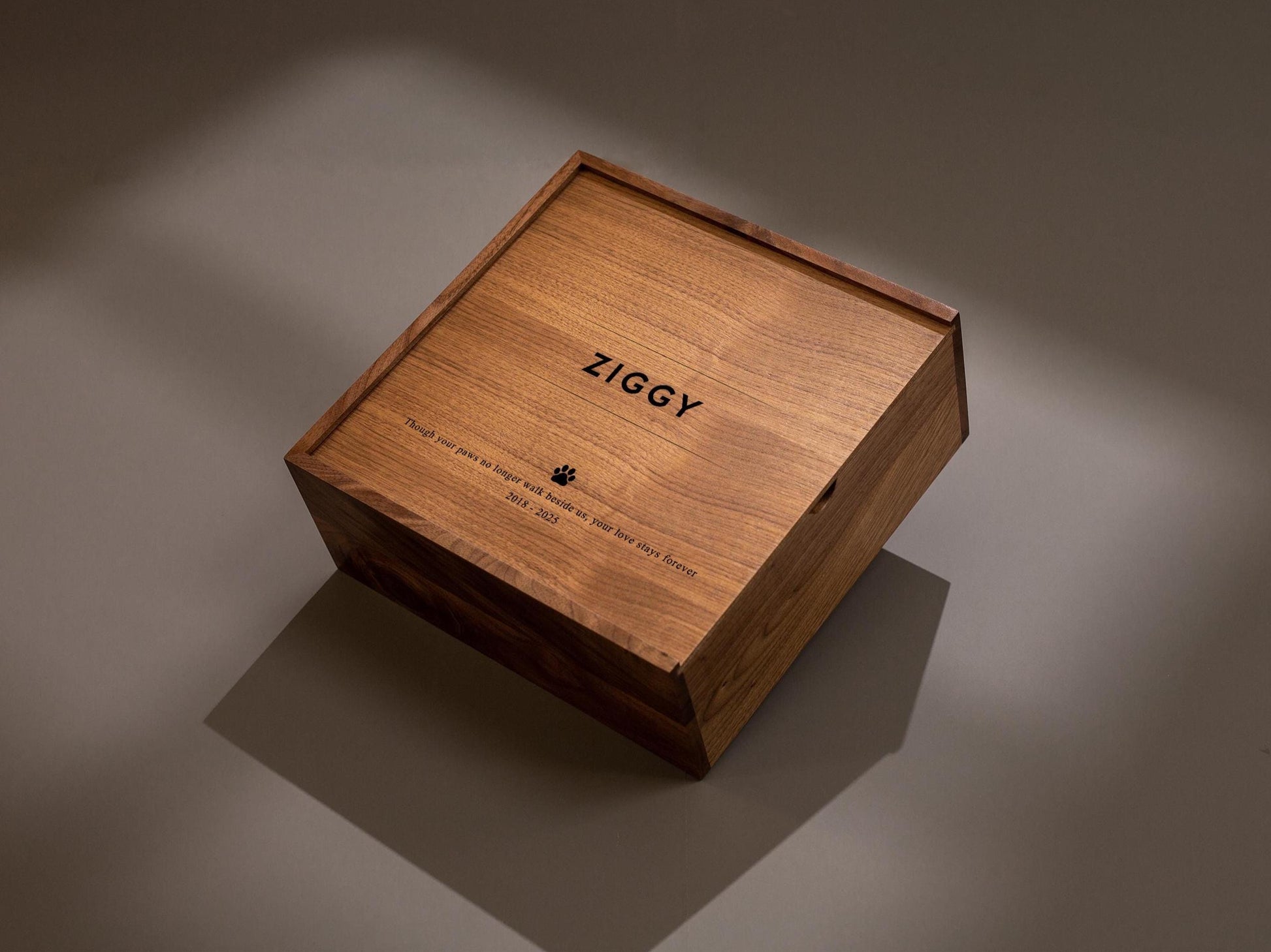 10x10 Walnut Memory Box (D3) - Personalized Pet Name Memorial Keepsake Toy Collar Storage Cat Dog Engrave Paw Print Sympathy Loss Owner Gift