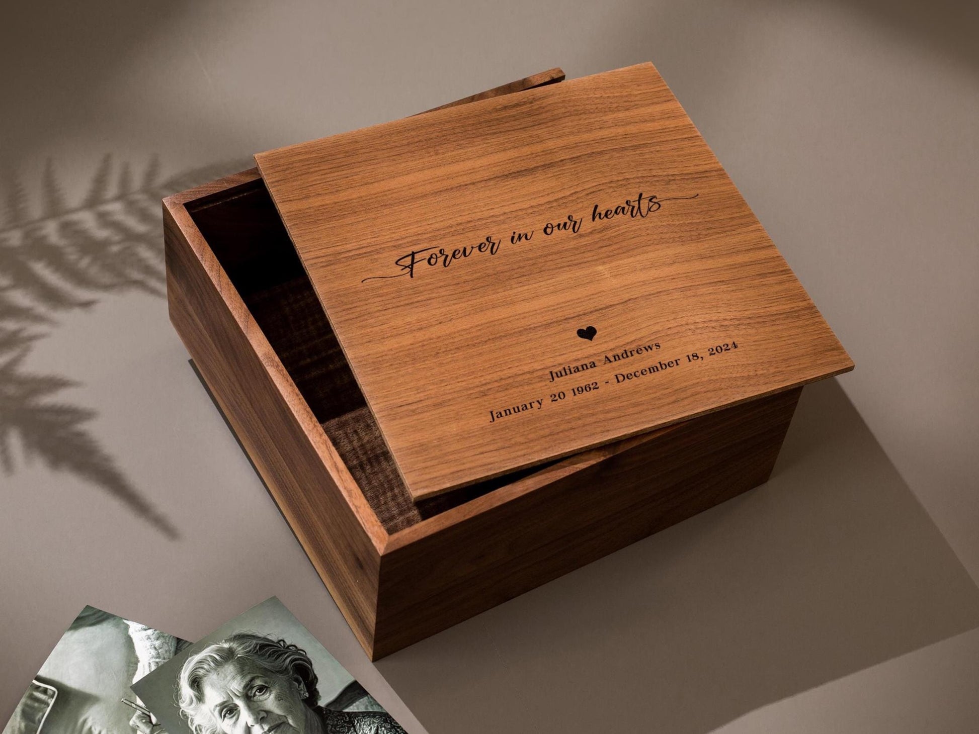 10x10 Walnut Memory Box (D4) - Custom Engraved In Loving Memory Memorial, Keepsakes of a Loved One, Bereavement Funeral Celebration of Life