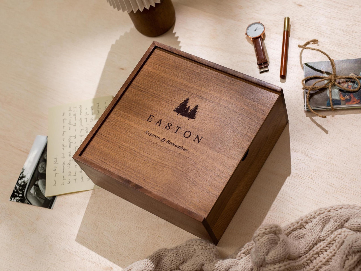 10x10 Walnut Memory Box (D5) - Personalized Travel Memories Engraved Mountain Keepsake Rustic Gift for Travel Lover or Study Abroad Student