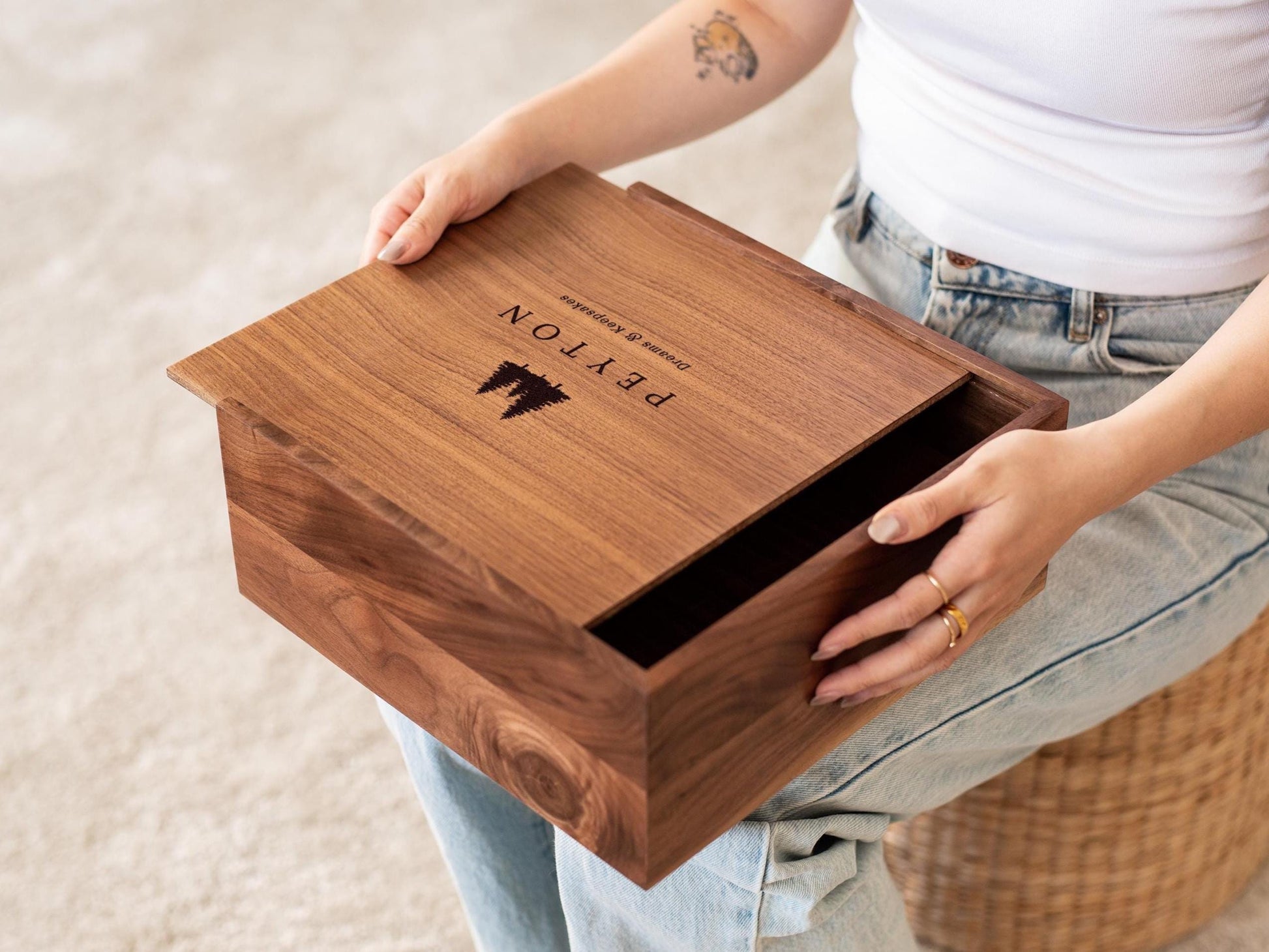 10x10 Walnut Memory Box (D5) - Personalized Travel Memories Engraved Mountain Keepsake Rustic Gift for Travel Lover or Study Abroad Student