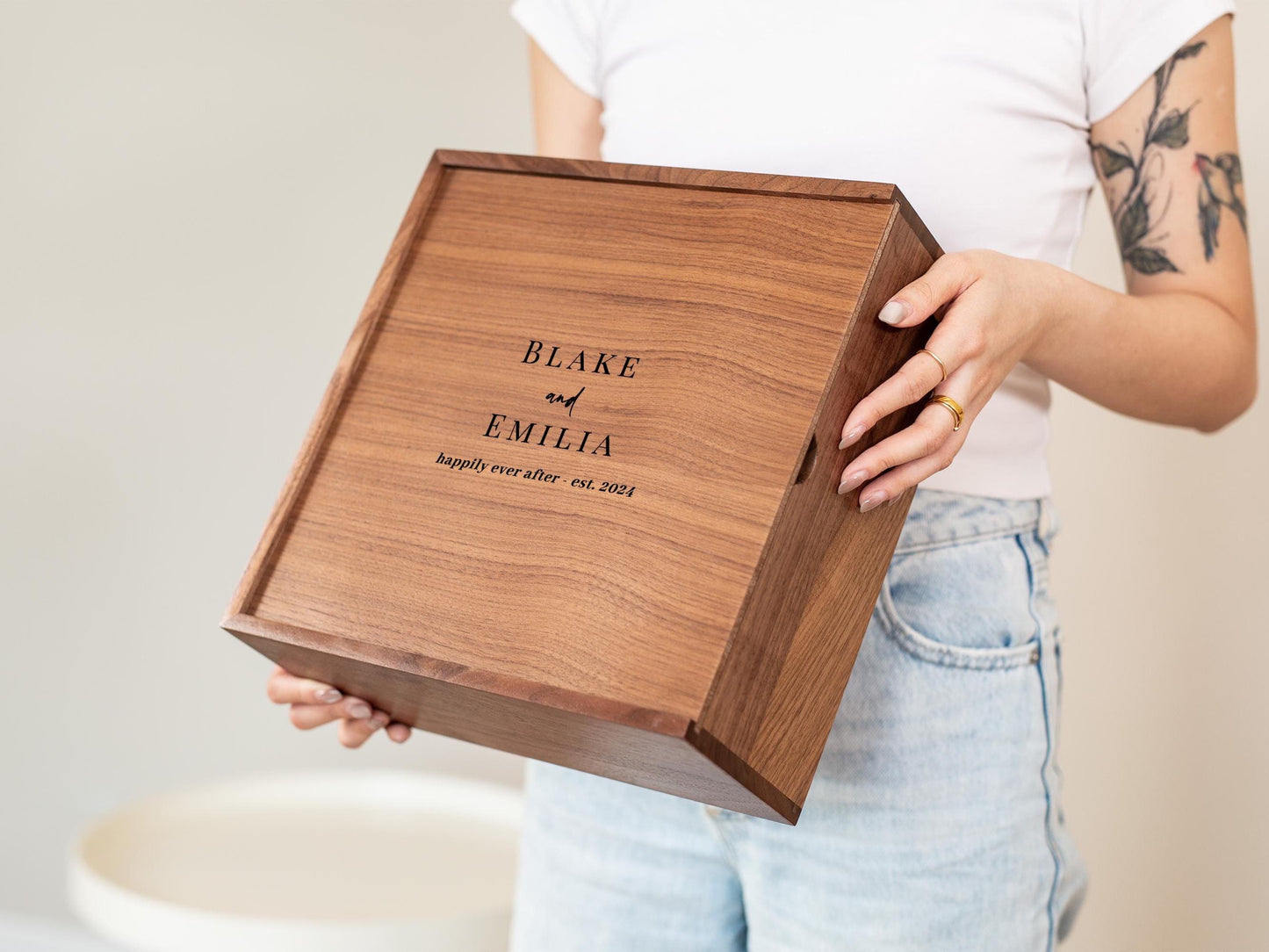 10x10 Walnut Memory Box (D1) - Custom Engraved Wedding Memories Trunk Photos Cards Storage Couples Gift Engagement Anniversary 2025 Keepsake