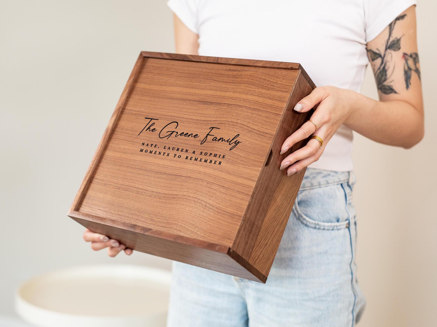 10x10 Walnut Memory Box (D2) - Personalized Family Memories Keepsake Heirloom Baby Box Gift for Grandparents Parents Mom Photo Album Storage