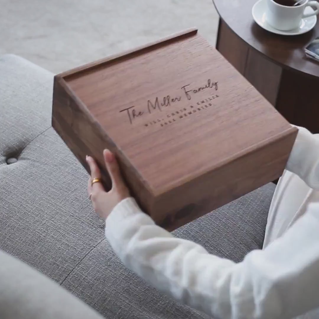 10x10 Walnut Memory Box (D2) Personalized Family Name Memory Box - New Parent s Gift