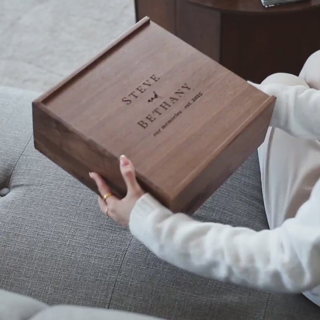 10x10 Walnut Memory Box (D1) Custom Engraved Wedding Memory Box - Engagement Gift