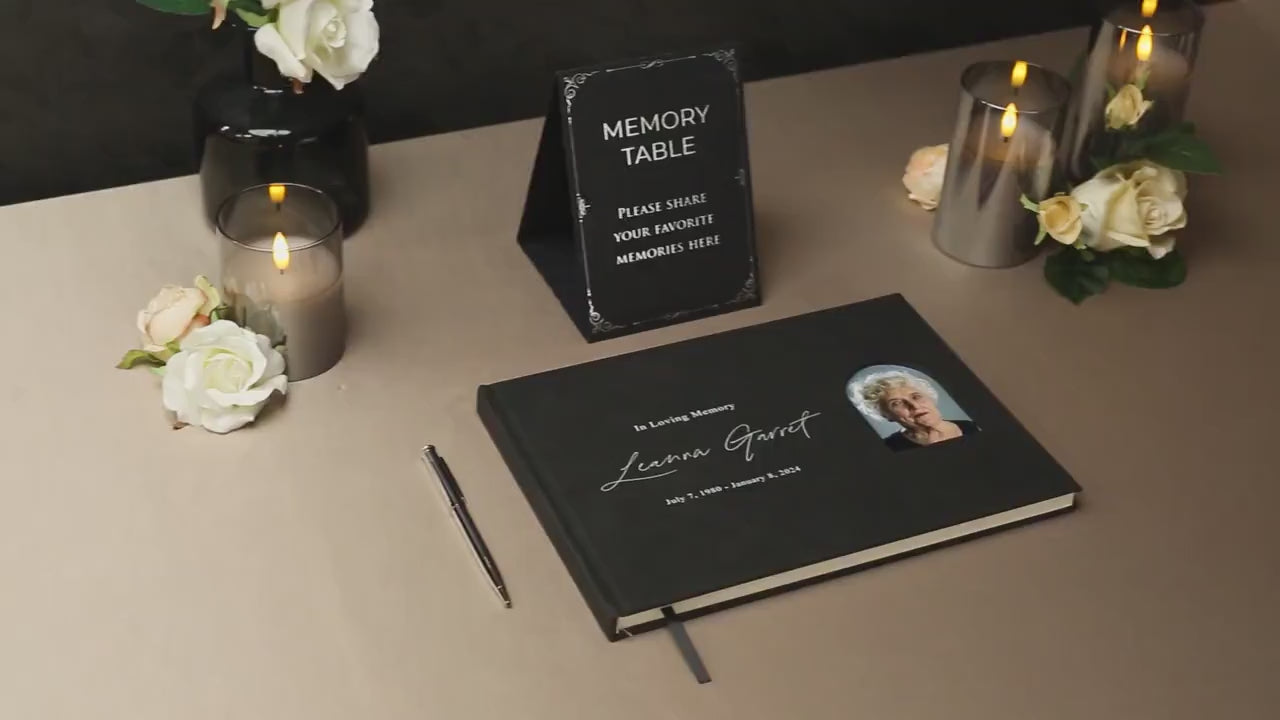 Funeral Guest Book with Photo Cover (Black - Design 1) - In Loving Memory Celebration of Life Memorial Registry Book Hard Cover
