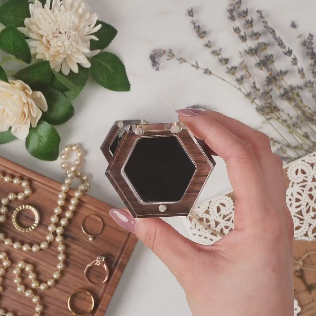 Hexagon Mini Flip Ring Box w Clear Acrylic Lid