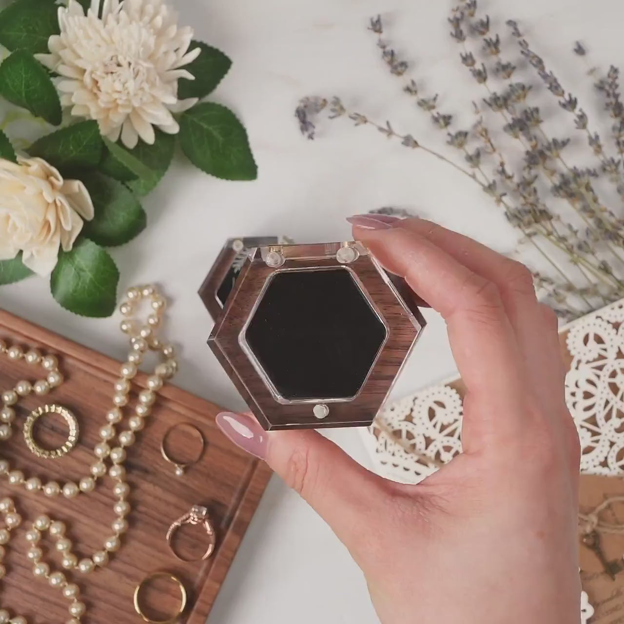Hexagon Mini Flip Ring Box w Clear Acrylic Lid