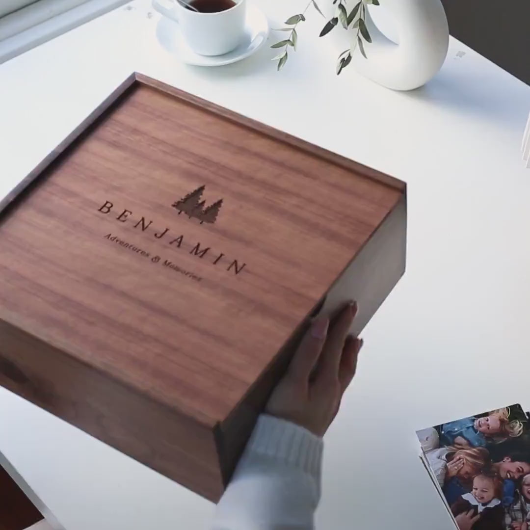 10x10 Walnut Memory Box (D5) Personalized Travel Memory Box - Couple's Adventure Storage Box