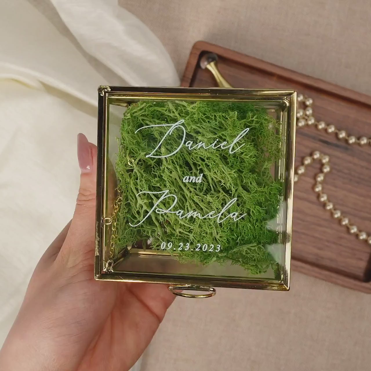 Square Gold Glass Ring Box with Moss