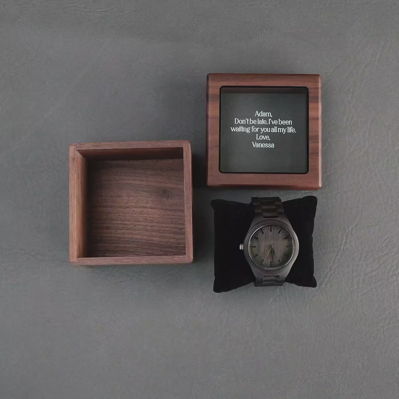 Engraved Wood Watch & Glass Top Walnut Gift Box
