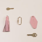 Embossed XS Name Diamond Leather Keychain w/ Tassel - modern key chain fob, longer names text, vintage style hotel motel office keys ring