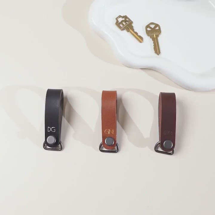 Embossed Leather Strap Keychain (XS Initials) - Custom Key Ring Holder, Personalized Leather Gift, Slim Keyholder, Handheld